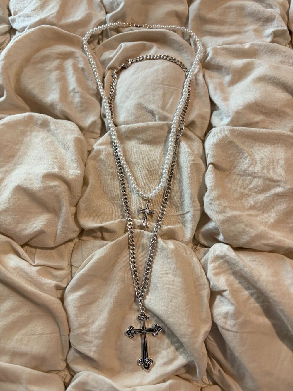 Free People Pearl Curb Chain Layered Double Cross Pendant Necklace Indie Sleaze
